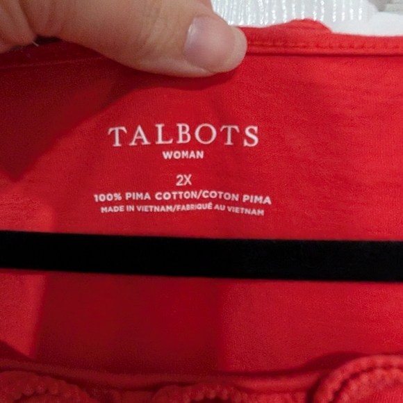 Talbots Woman Red Orange Ruffle Neck Short Sleeve Shirt in Size 2X - Picture 2 of 7